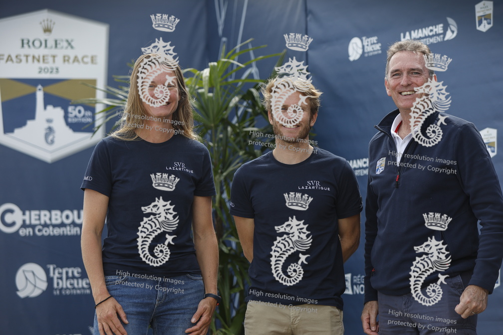 RORC CEO Jeremy Wilton congratulating François Gabart and Elodie-Jane Mettraux
