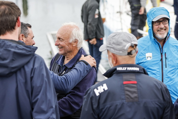 Gilles Fournier is congratulated on the dock