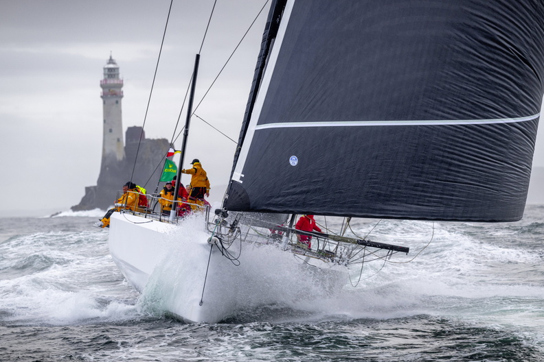 THE AMERICAN MAXI, LUCKY, IS THE FIRST MONOHULL YACHT IN THE 50TH ROLEX FASTNET RACE TO ROUND THE ROCK.