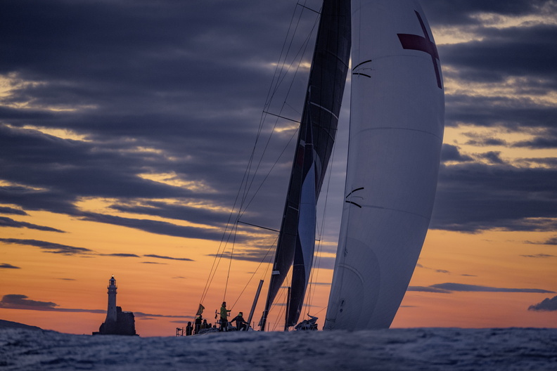 THE ROCK PROVIDES A COMPELLING SPECTACLE AT DAWN ON THE THIRD DAY OF THE 2023 ROLEX FASTNET RACE.