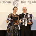 Deb Fish and Rob Craigie of Bellino, winners of the Jazz Trophy for IRC Overall, the Boyd Trophy for first Mixed Two-Handed, Serendip Trophy and Keith Ludlow for Trophy Navigator of the IRC Overall Yacht