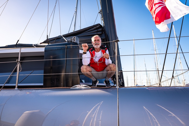 Adrian Keller on board his custom catamaran Allegra