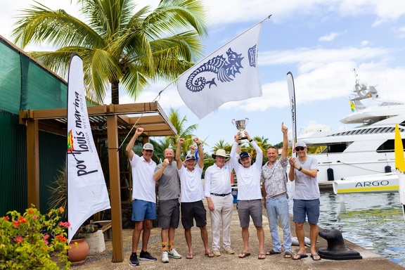 Jason Carroll and his crew on Argo celebrate winning the Multihull class as well as multihull line honours