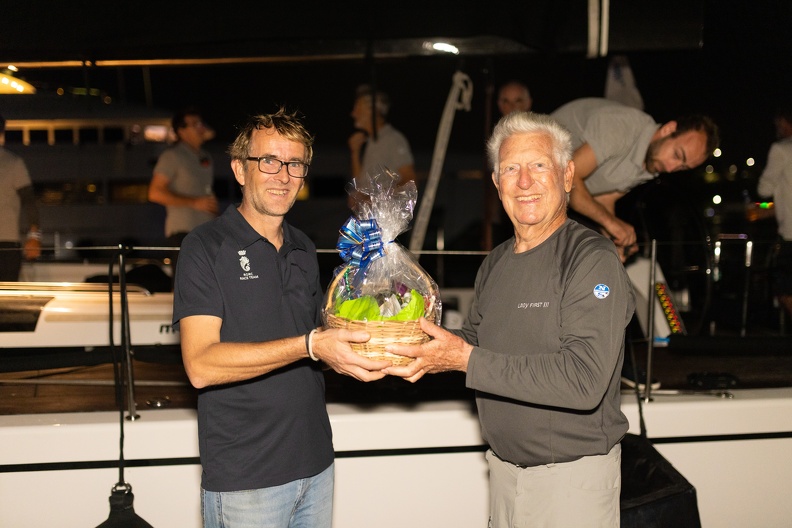 Owner Jean-Pierre Dreau greeted by Chris Jackson of RORC