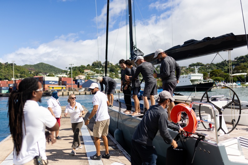 Team 42 are greeted as they moor in Port Louis Marina Grenada