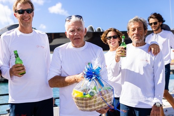 Solaris 50 Sea-Nergy, skippered by Jean-Francois Guillon, accept their welcome basket