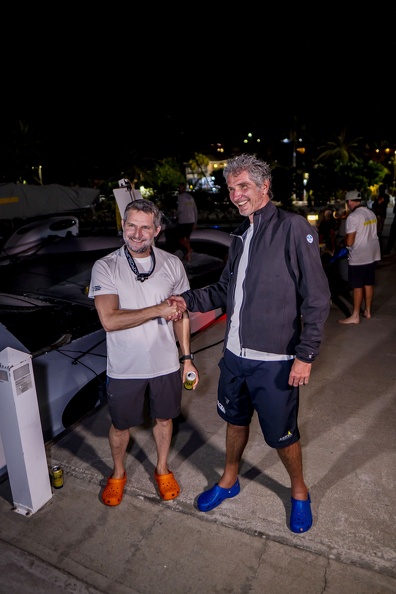 First and second MOD70: Jason Carroll of Argo greets Erik Maris of Zoulou