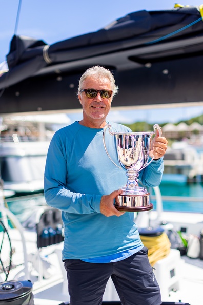 Joost Schuijff with the trophy for Monohull Line Honours