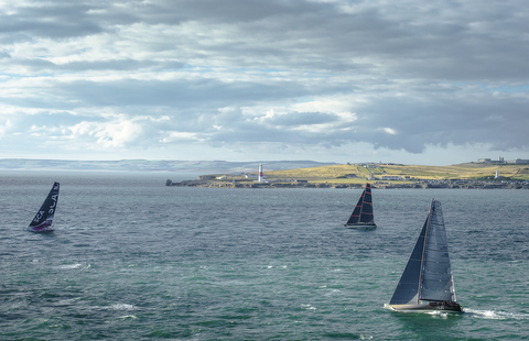 The big boats leaving Lands End on the way to the Fastnet Rock. Photo:ROLEX/Kurt Arrigo. Photo:Full Copyright.